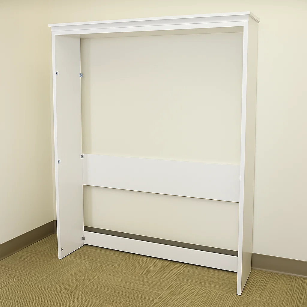 Side view of partially assembled Murphy bed cabinet frame.