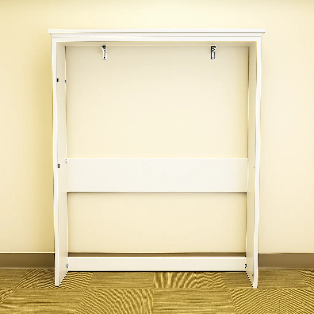 Man securing Murphy bed cabinet to wall for stability.