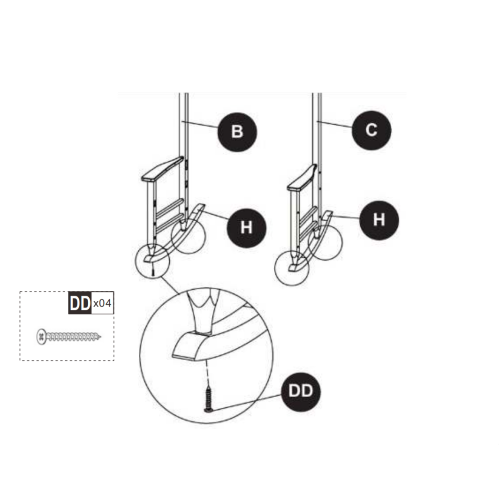 Rocker legs being attached to chair side frames with screws.