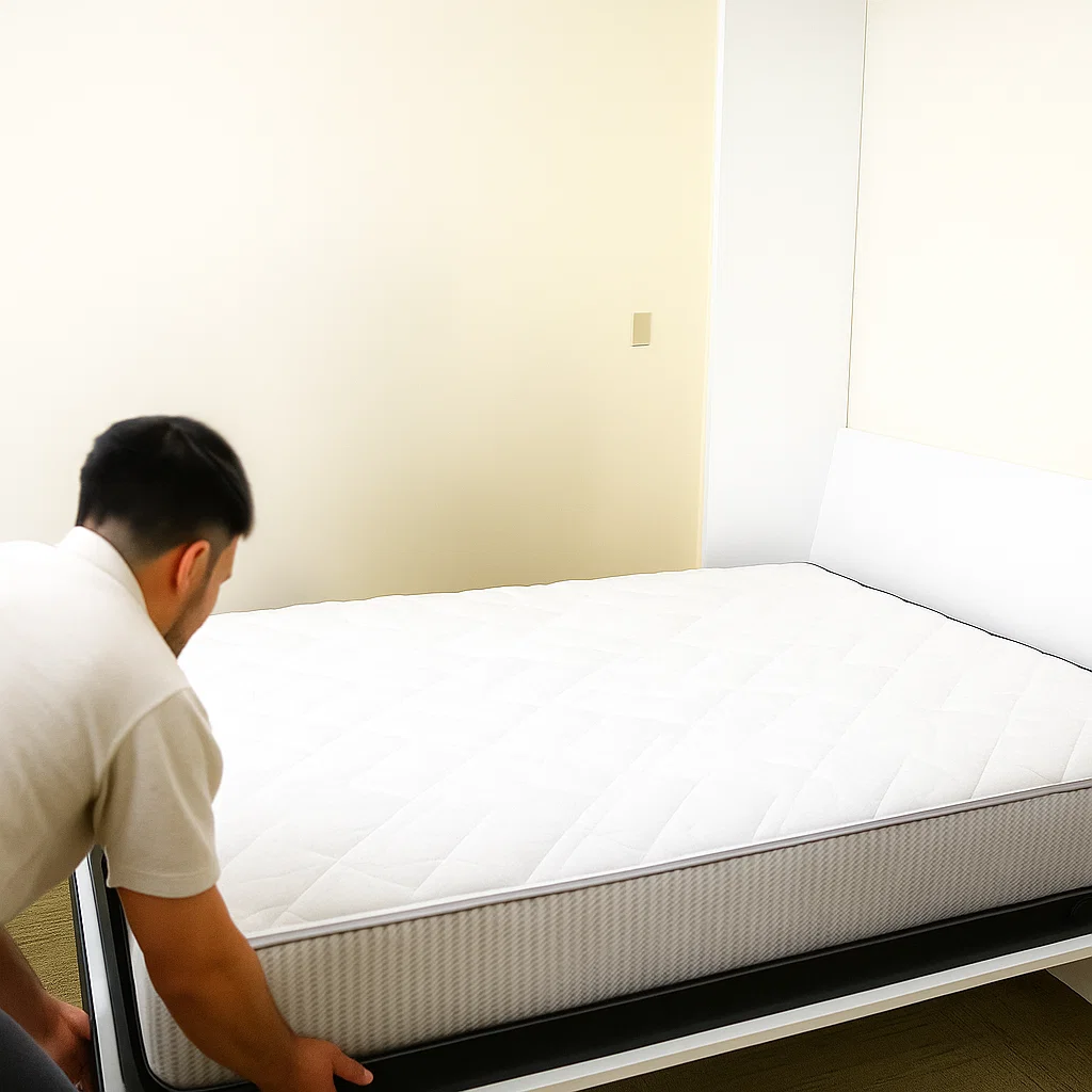 Man placing mattress on Murphy bed during final setup.