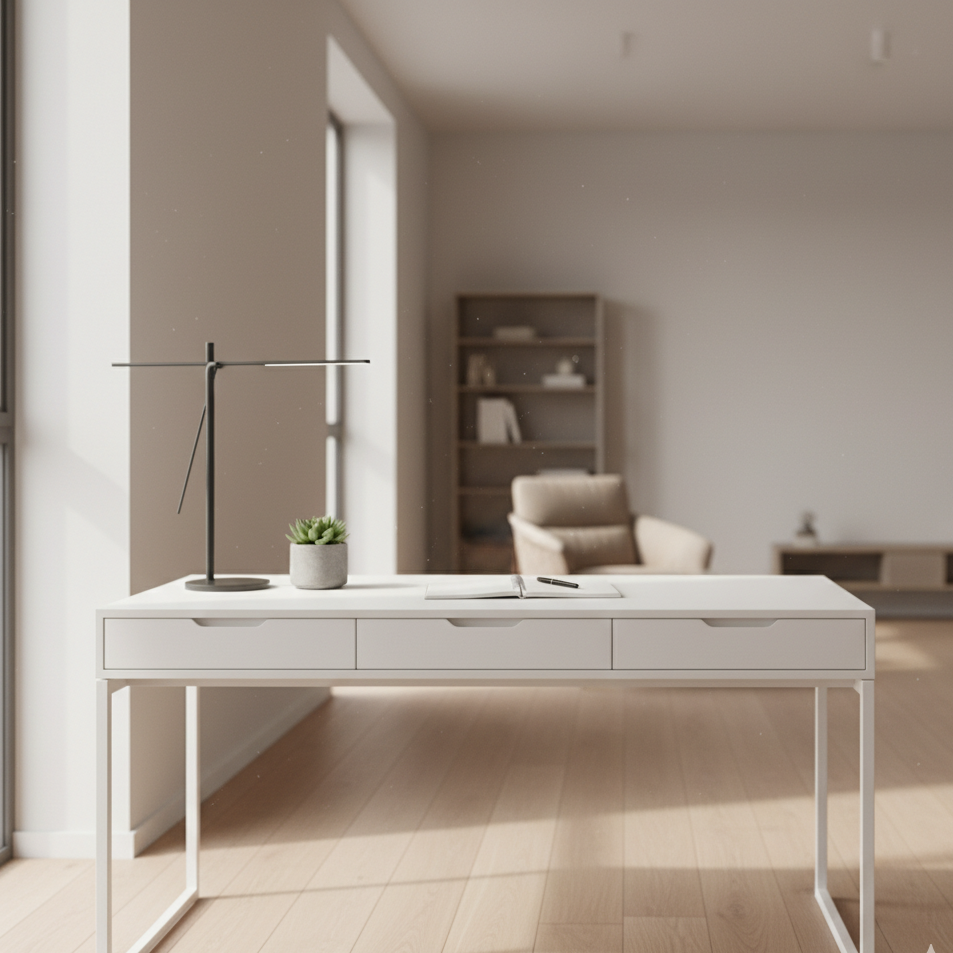 Bright minimalist white desk with black lamp and plant accent.