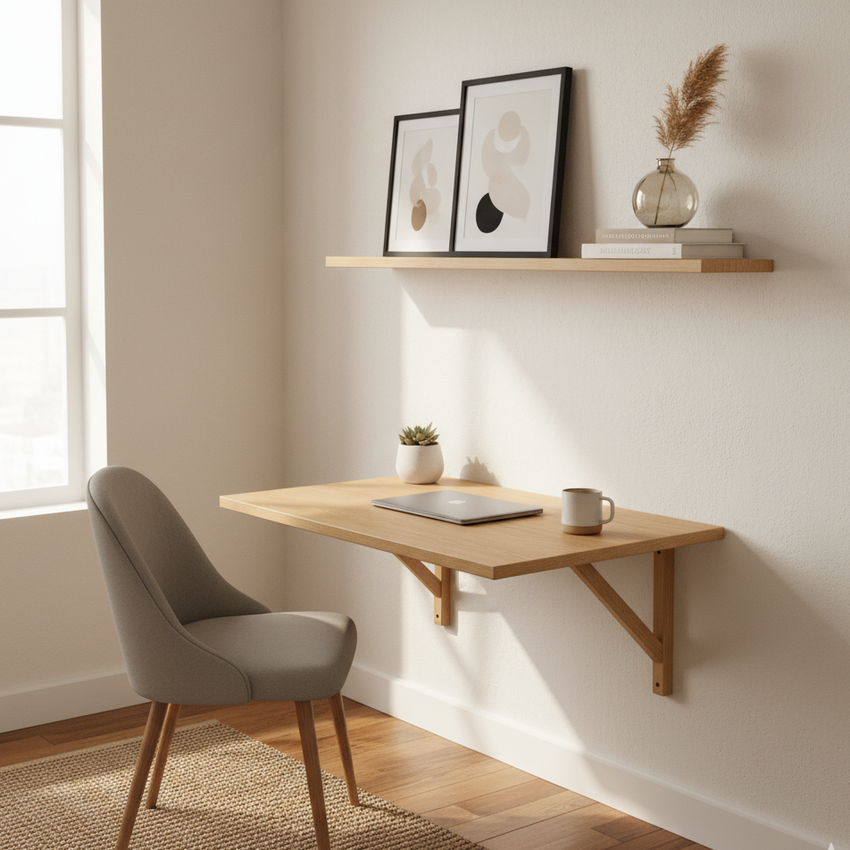 Compact wooden desk with laptop and gray chair by window.