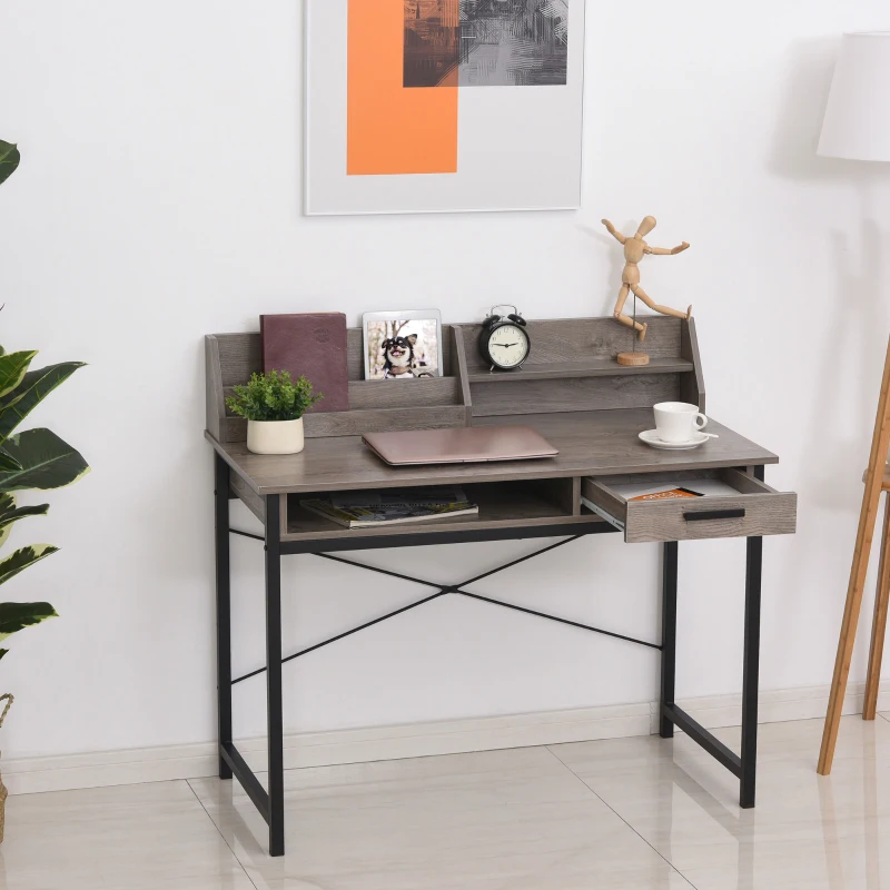 Rustic wood-and-metal writing desk with drawer and modern accents.