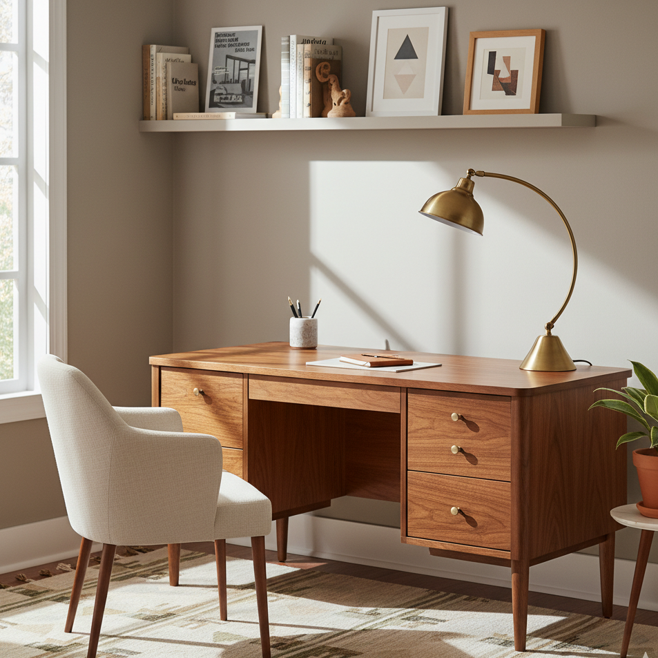 Mid-century wooden desk with lamp, chair, and bookshelf décor.