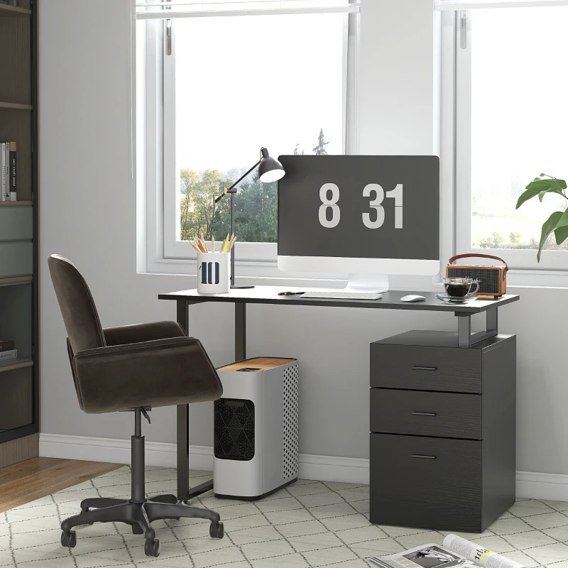 Sleek modern desk setup with black drawers and computer monitor.