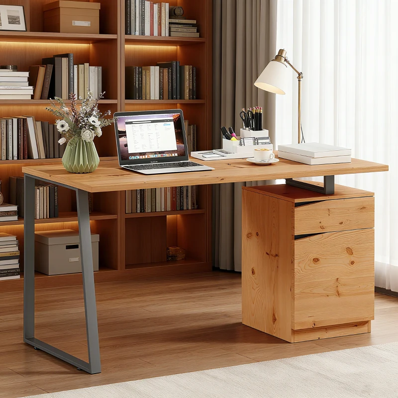 Modern wooden writing desk with laptop, vase, and bookshelf background.