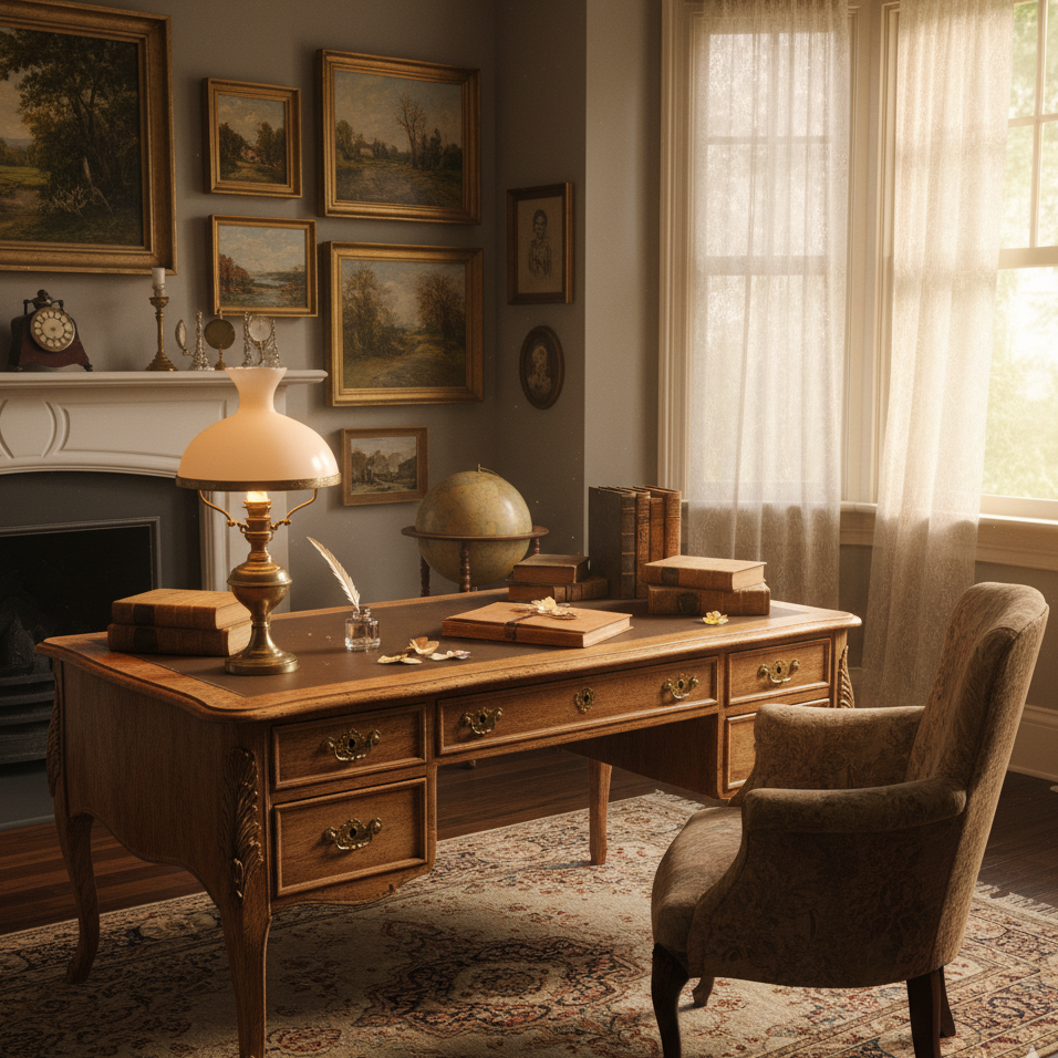Classic vintage writing desk with ornate wood design, lamp, and antique décor.