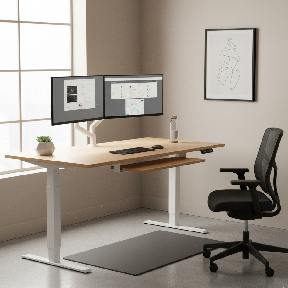 Modern adjustable standing desk with dual monitors and ergonomic chair.
