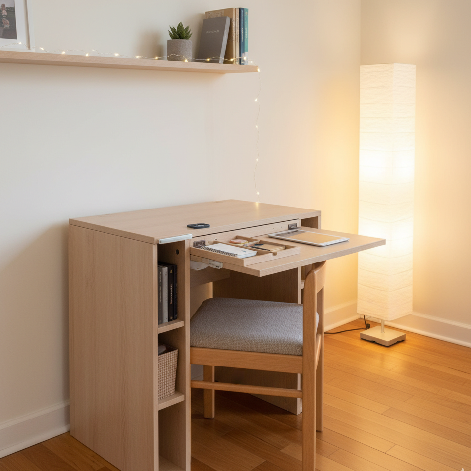 Compact convertible desk with pull-out shelf in cozy lit room.