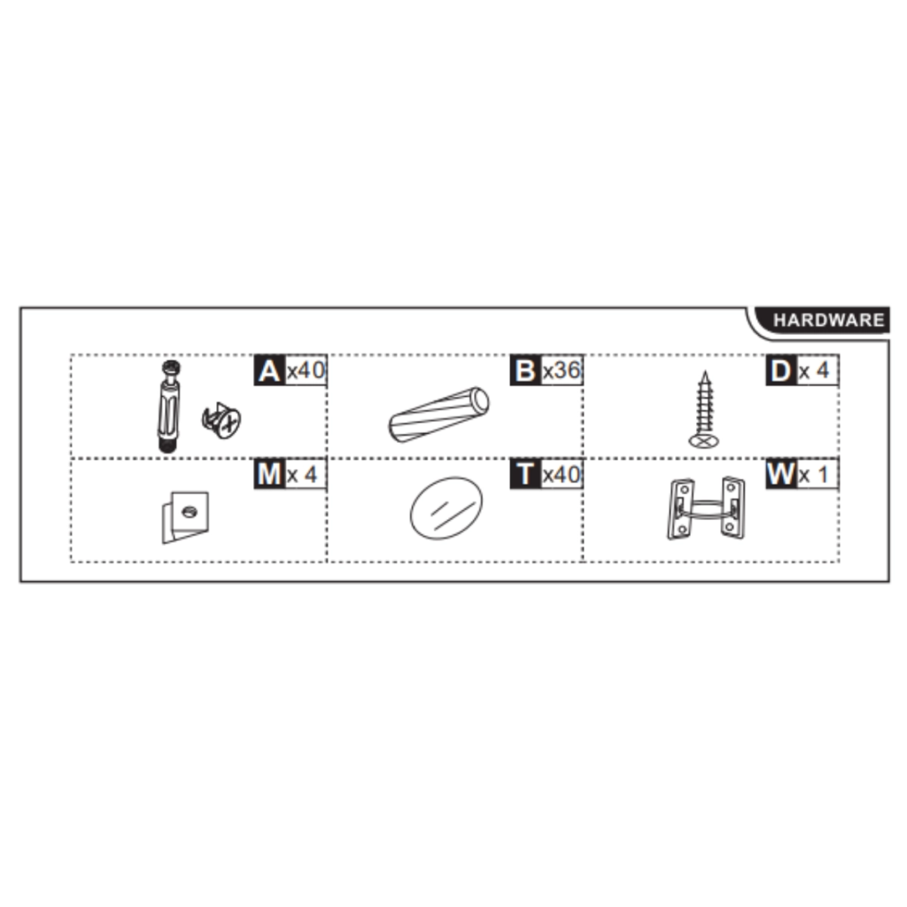 Hardware diagram displaying items A, B, D, M, T, and W with quantities for shelf assembly.