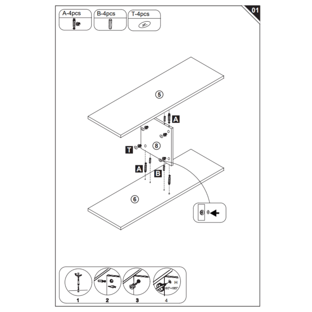 Step 1 assembly showing parts ⑤, ⑥, and ⑧ connected with hardware A, B, and T.