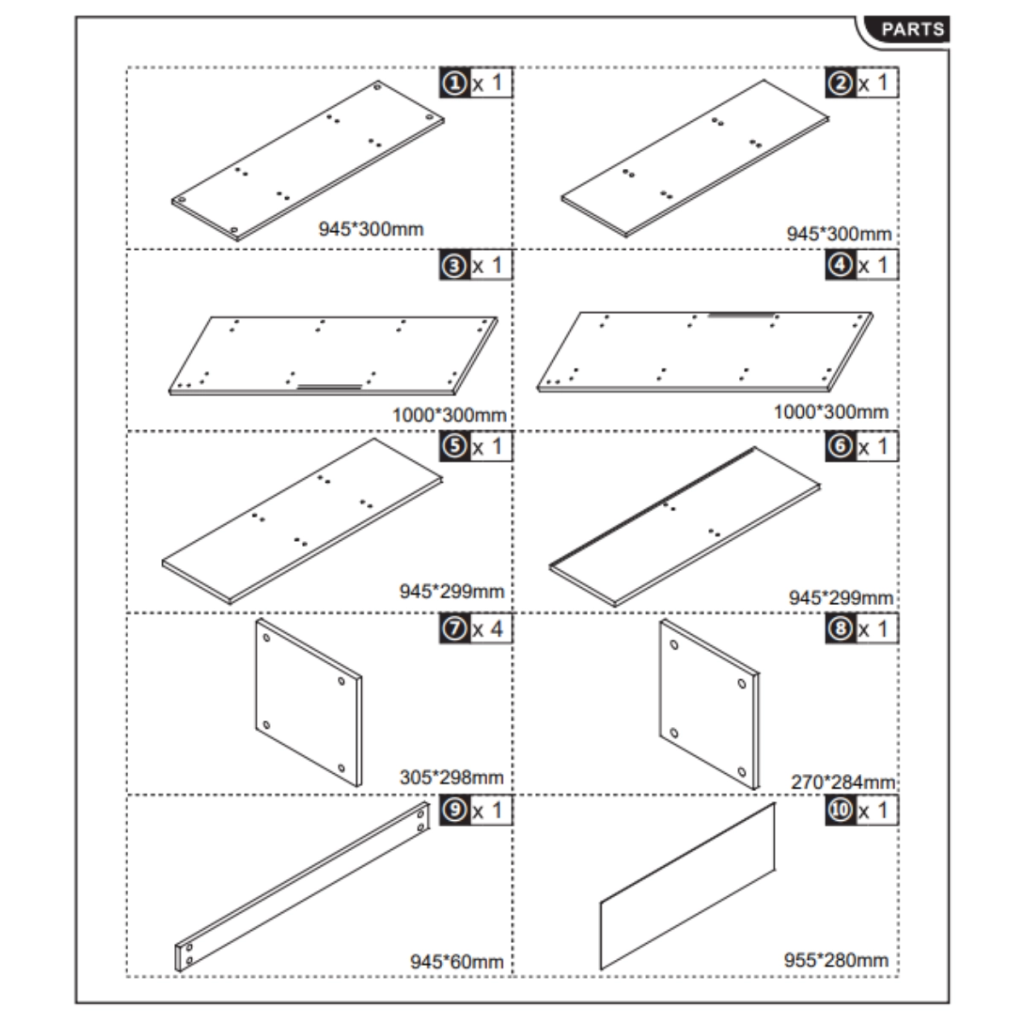 Illustrated parts chart displaying numbered wooden panels with measurements for assembly.