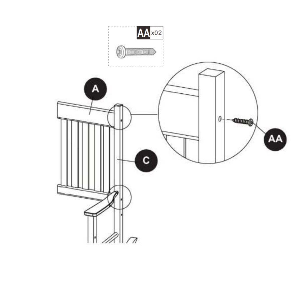 Backrest panel aligned and secured to side frame with screws.