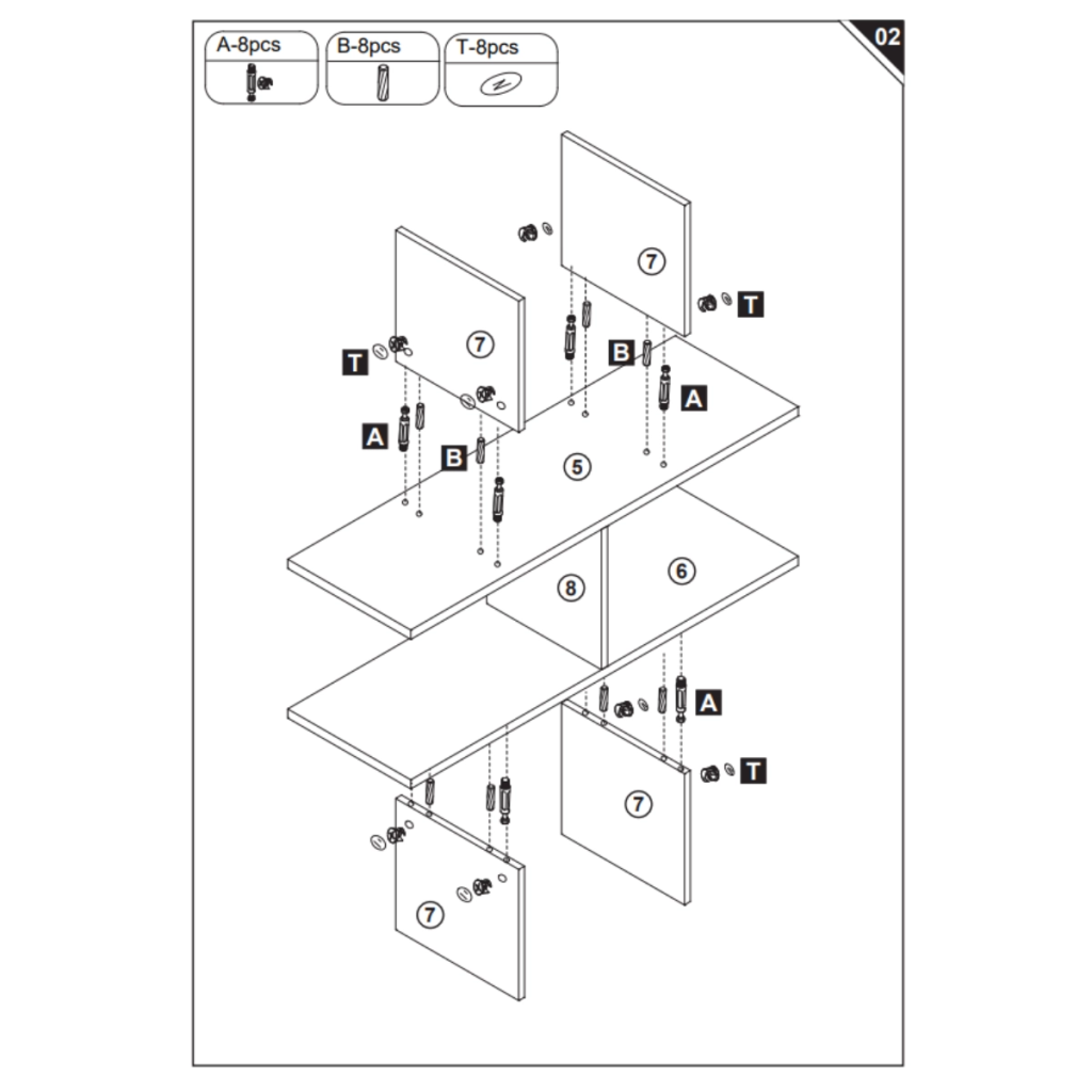 Step 2 diagram displaying installation of four ⑦ panels between ⑤ and ⑥ using A, B, and T.