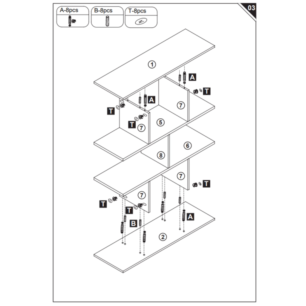 Step 3 illustration showing parts ① and ② attached to middle sections with fittings A, B, and T.