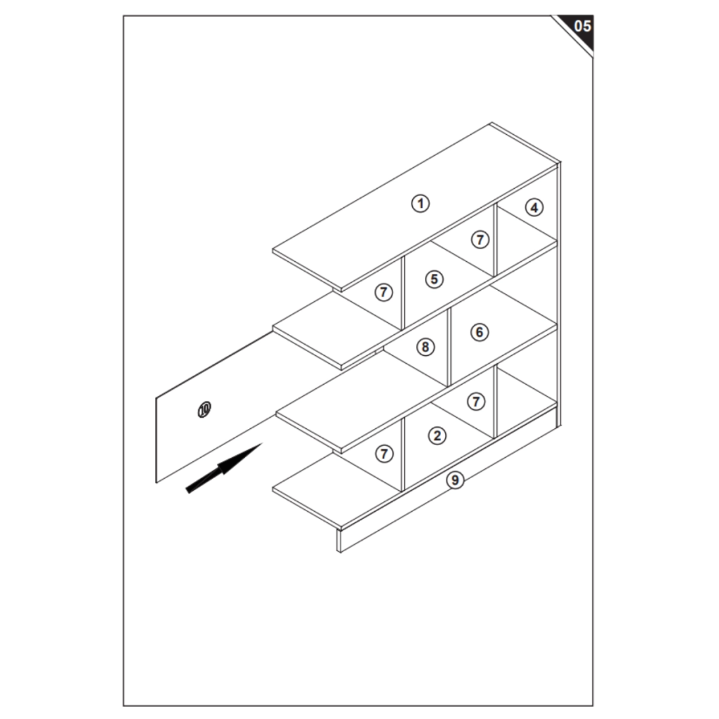 Step 5 diagram showing ⑩ being inserted into position within the assembled structure.