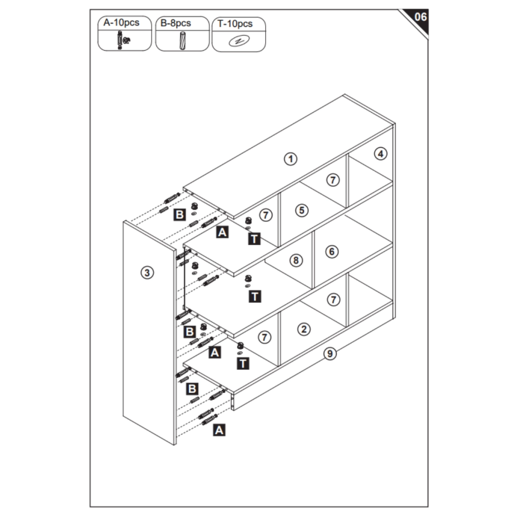 Step 6 assembly image showing left side part ③ secured with A, B, and T fittings for stability.
