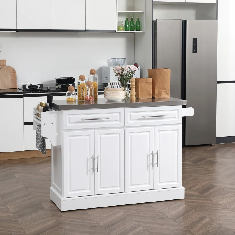 White kitchen island with drawers and countertop arranged in modern bright kitchen.