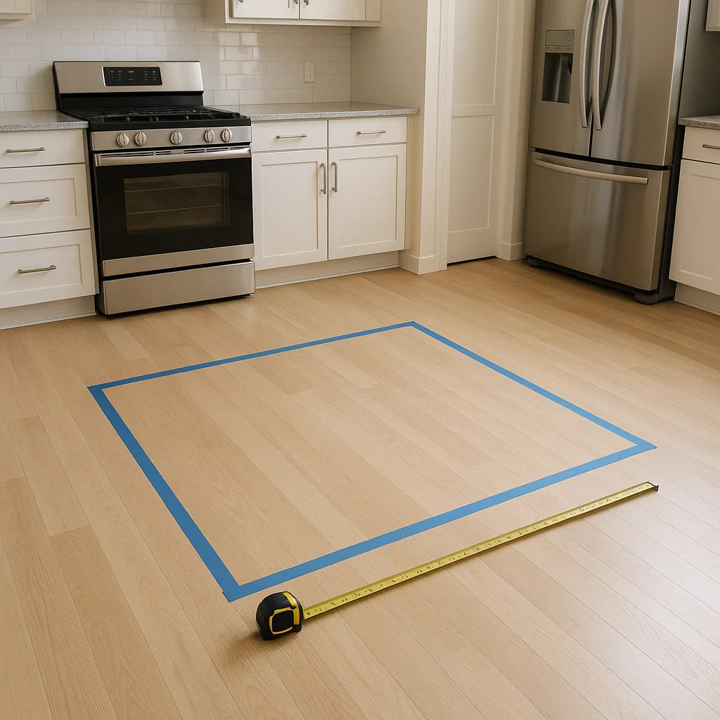 Blue tape outlines island area on kitchen floor with measuring tape nearby.