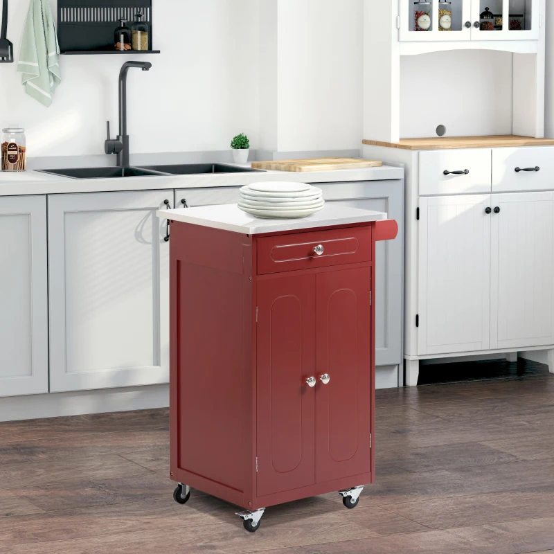 Compact black rolling island with wooden top and stools in cozy kitchen corner.