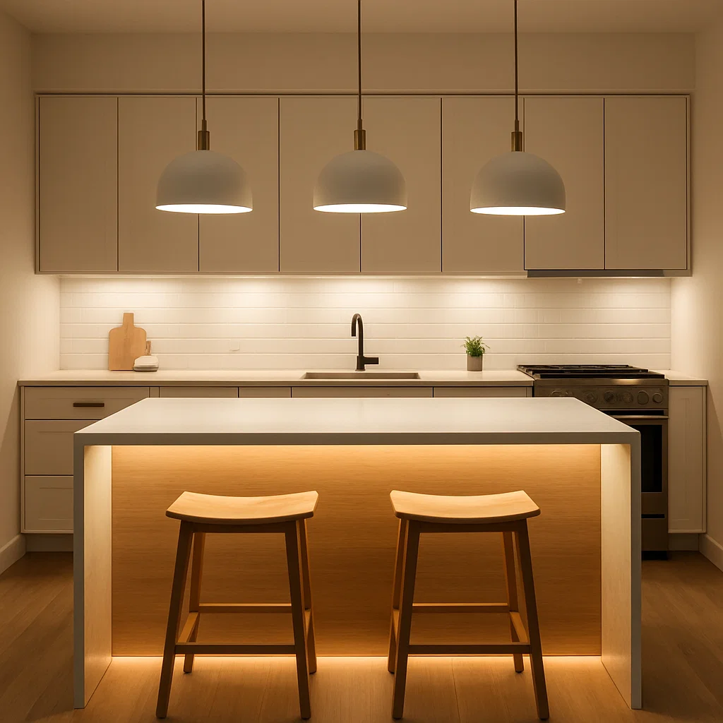 Modern kitchen island illuminated by pendant lights and warm under-counter lighting.