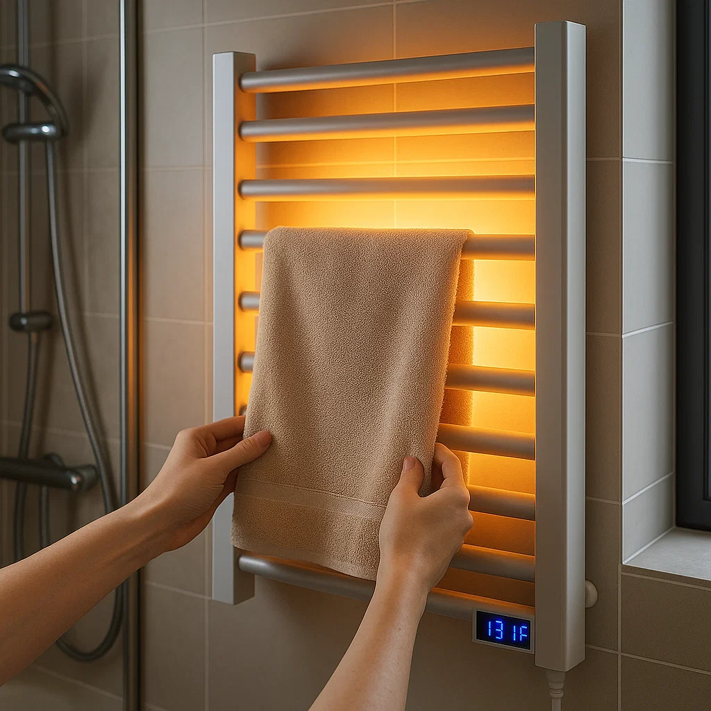 Towel warming on electric rack with soft orange heating glow