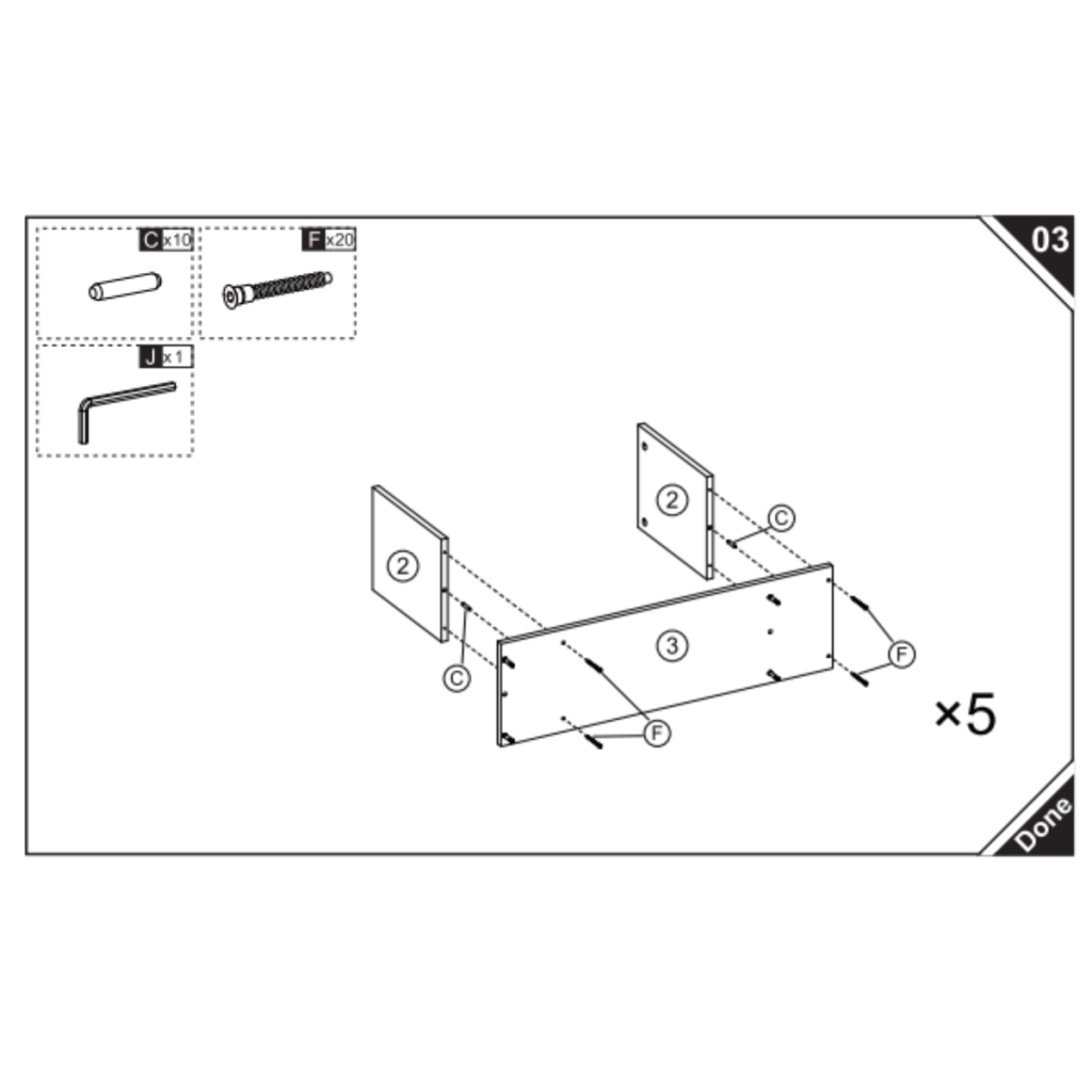 Attaching side panels to shelf panel with screws and dowels.
