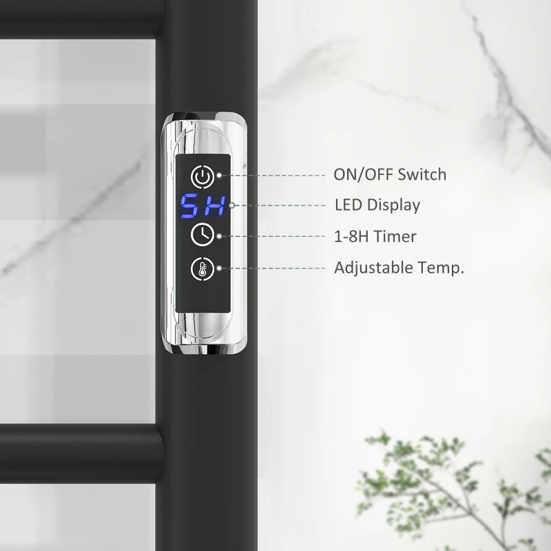 Close-up of towel warmer digital control panel with timer and temperature settings