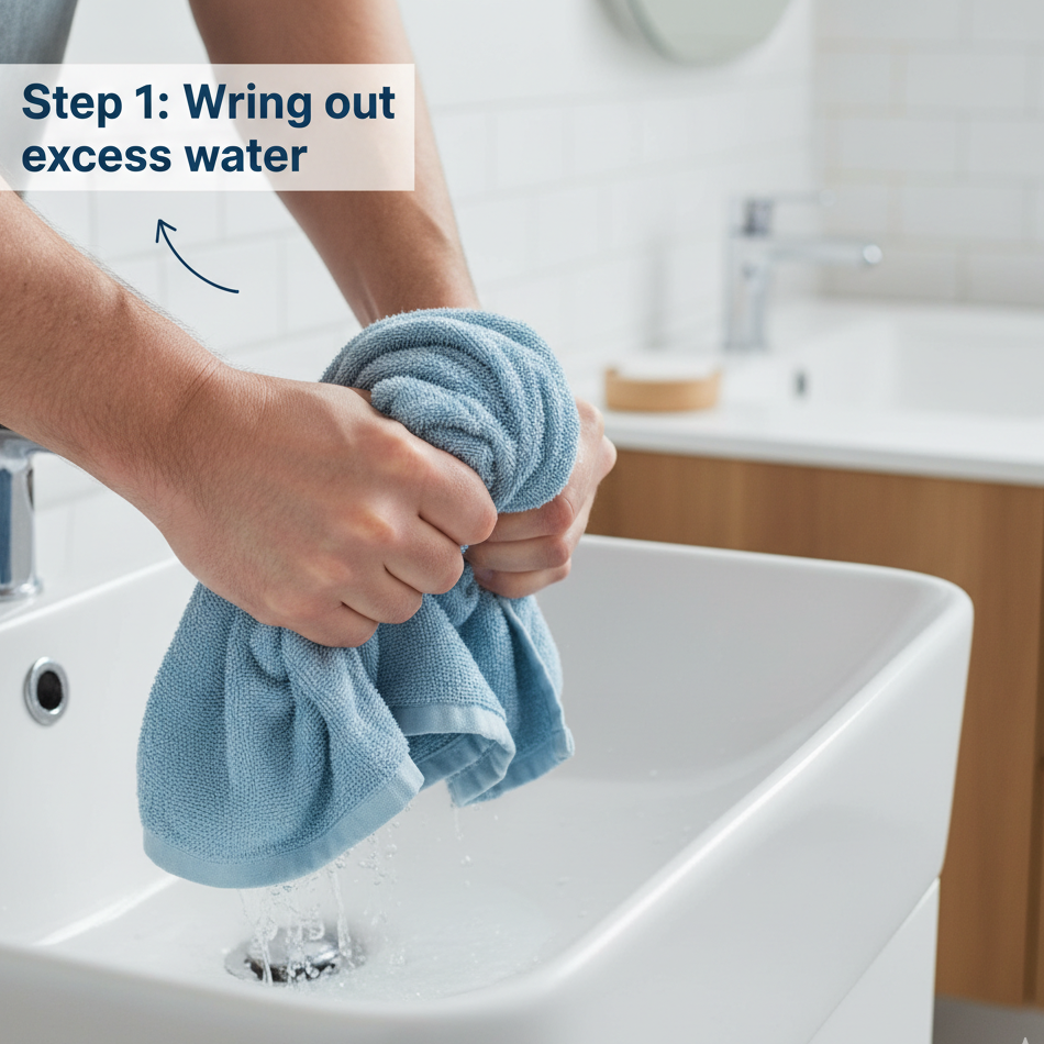 Person wringing out excess water from towel over sink before drying