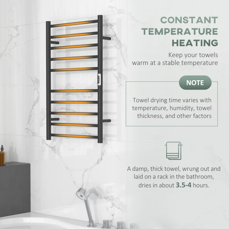 Wall-mounted towel warmer displaying constant heating message and drying time note