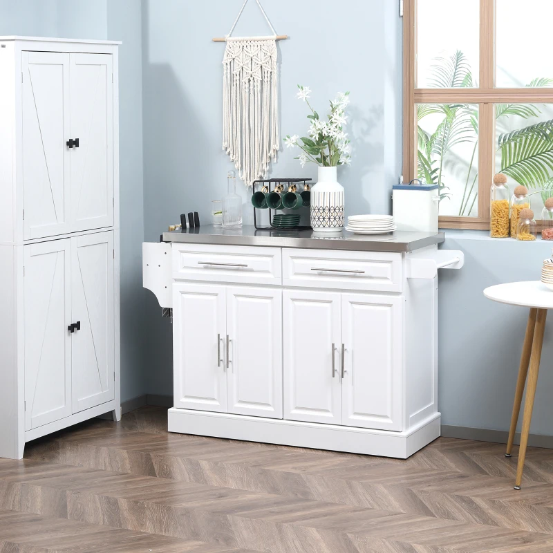 White kitchen island with stainless-steel top and double storage drawers.