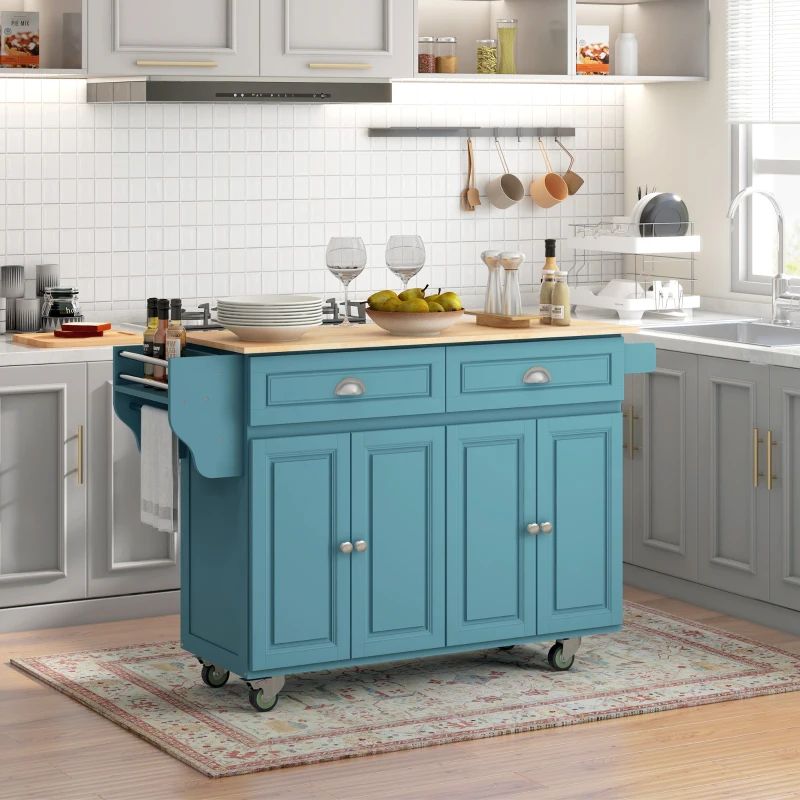 Modern black drop-leaf kitchen island with stainless top and towel rack.