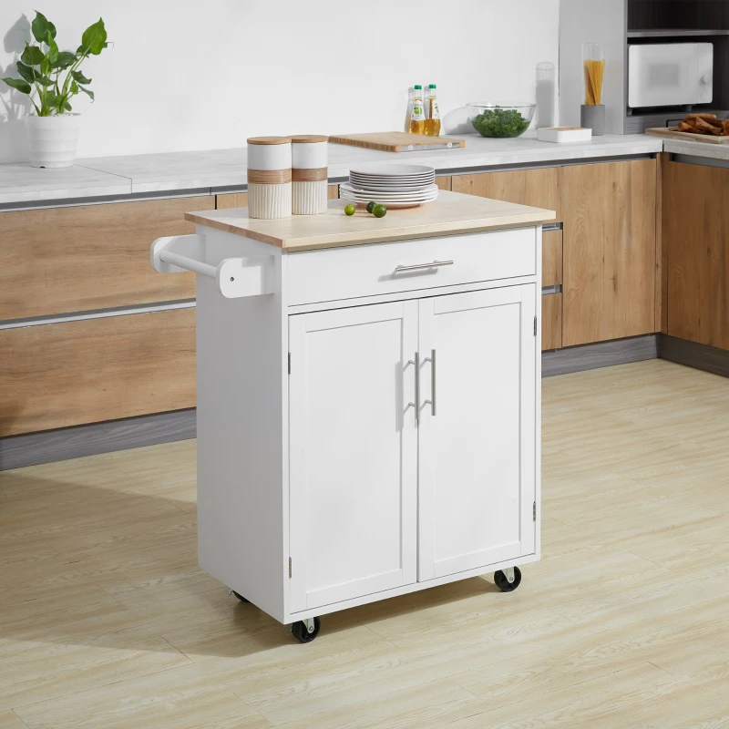 Small white rolling kitchen cart with wooden countertop and storage cabinet.