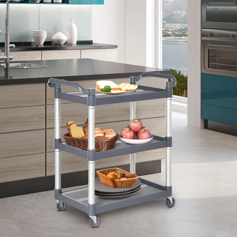 Three-tier gray kitchen utility cart with fruit and bread baskets.