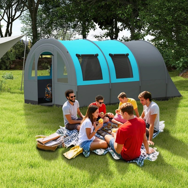 Large tunnel tent with separate living space for family camping.