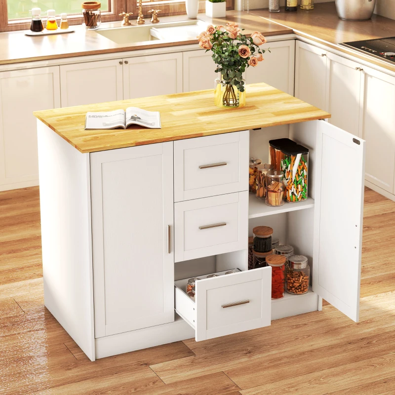 Blue kitchen island with seating area, drawers, and rolling wheels.