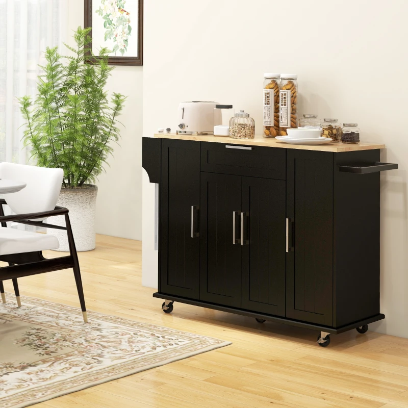 Black multi-cabinet kitchen island with wood top and storage drawers.