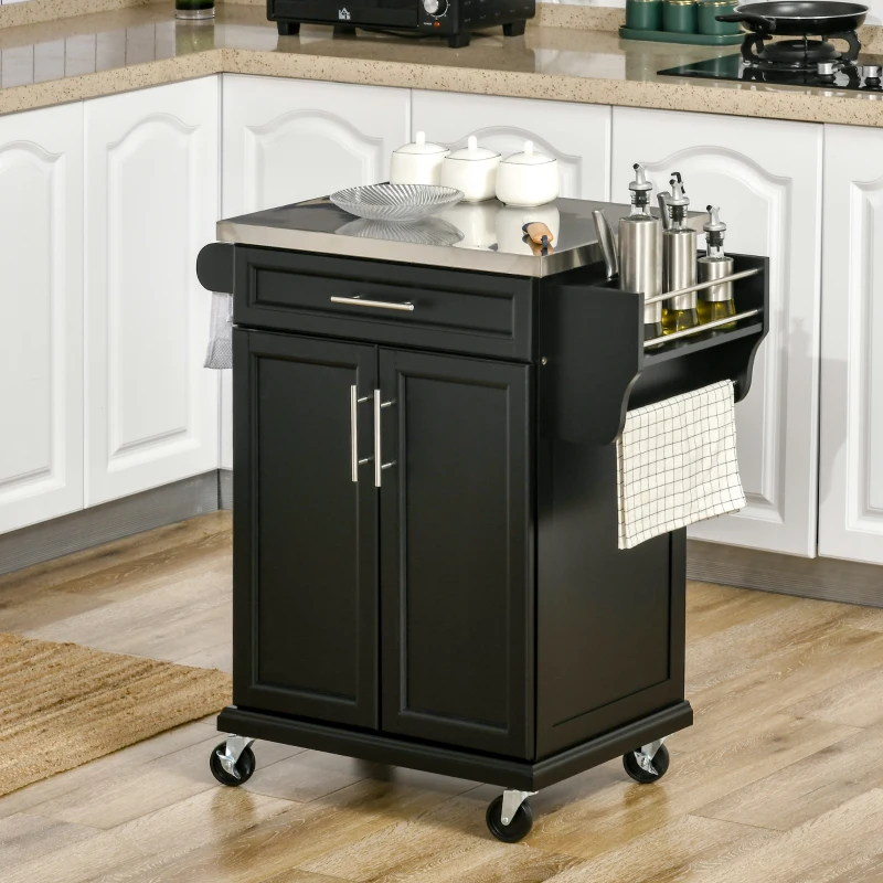 White kitchen island with solid wood butcher block top and drawers.