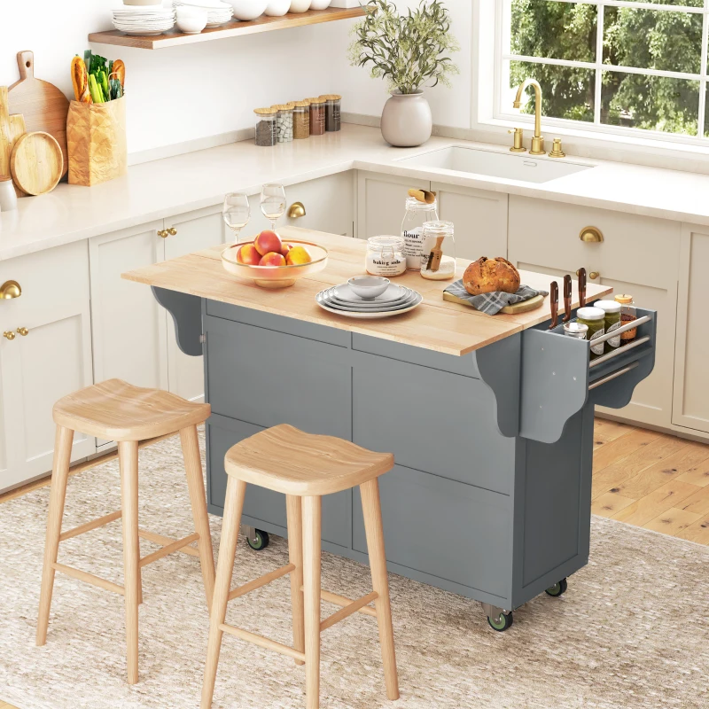 Grey rolling kitchen island with drop leaf top and seating stools.