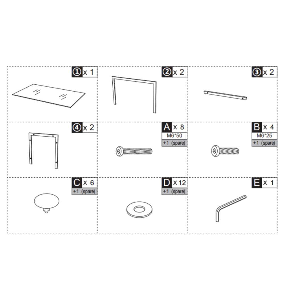 Table parts and hardware layout for HOMCOM glass table assembly.