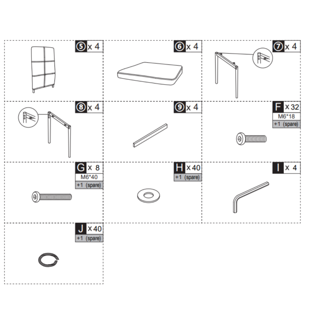 Chair components and screws arranged for HOMCOM dining set assembly.