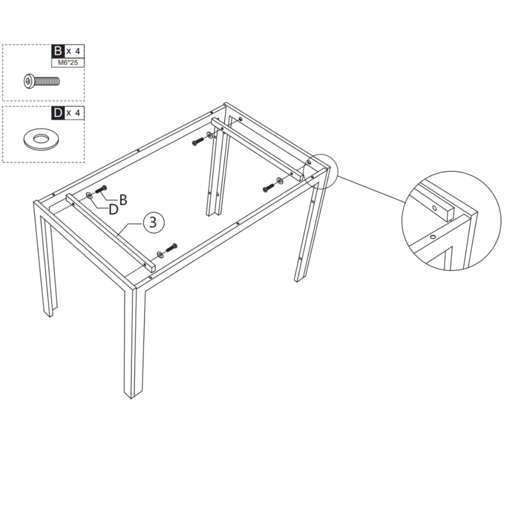Installing short support bars between table frames using screws and washers.