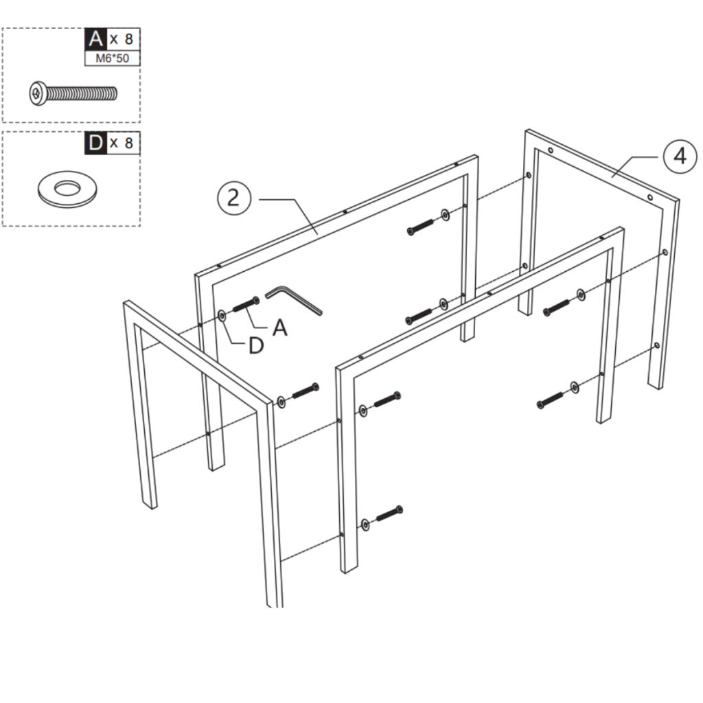 Aligning metal frame bars and legs during table frame assembly.