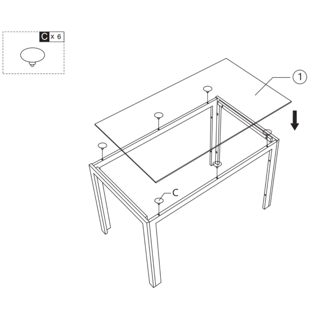 Placing tempered glass tabletop onto suction pads on assembled frame.