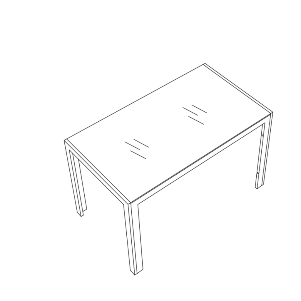 Fully assembled glass dining table standing on flat surface.