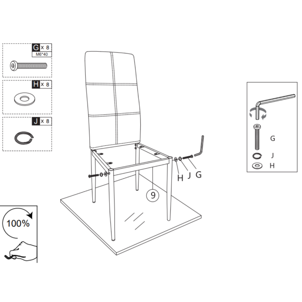 Securing padded seat cushion to assembled chair frame using Allen key.