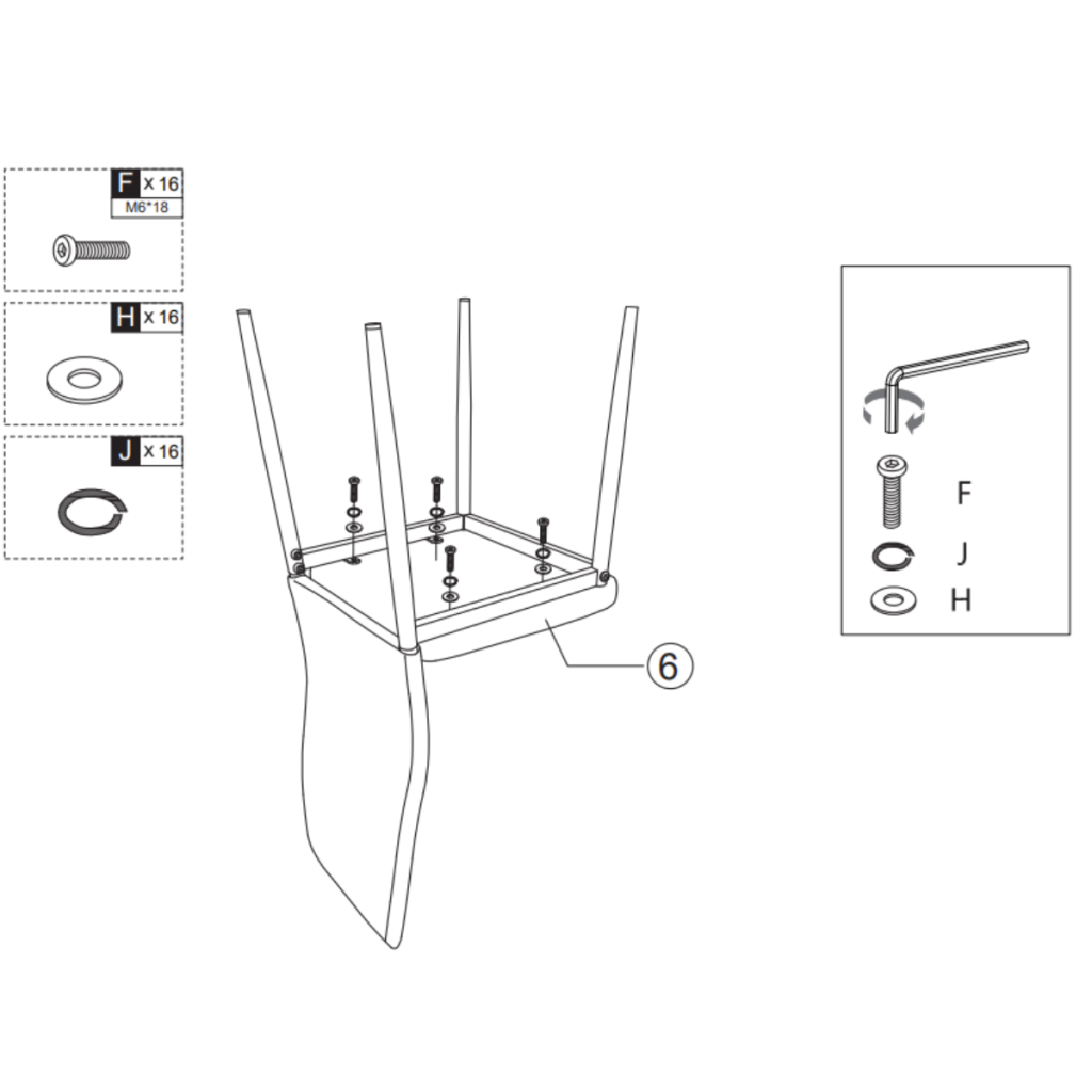 Attaching seat base to chair frame using screws, washers, and Allen key.