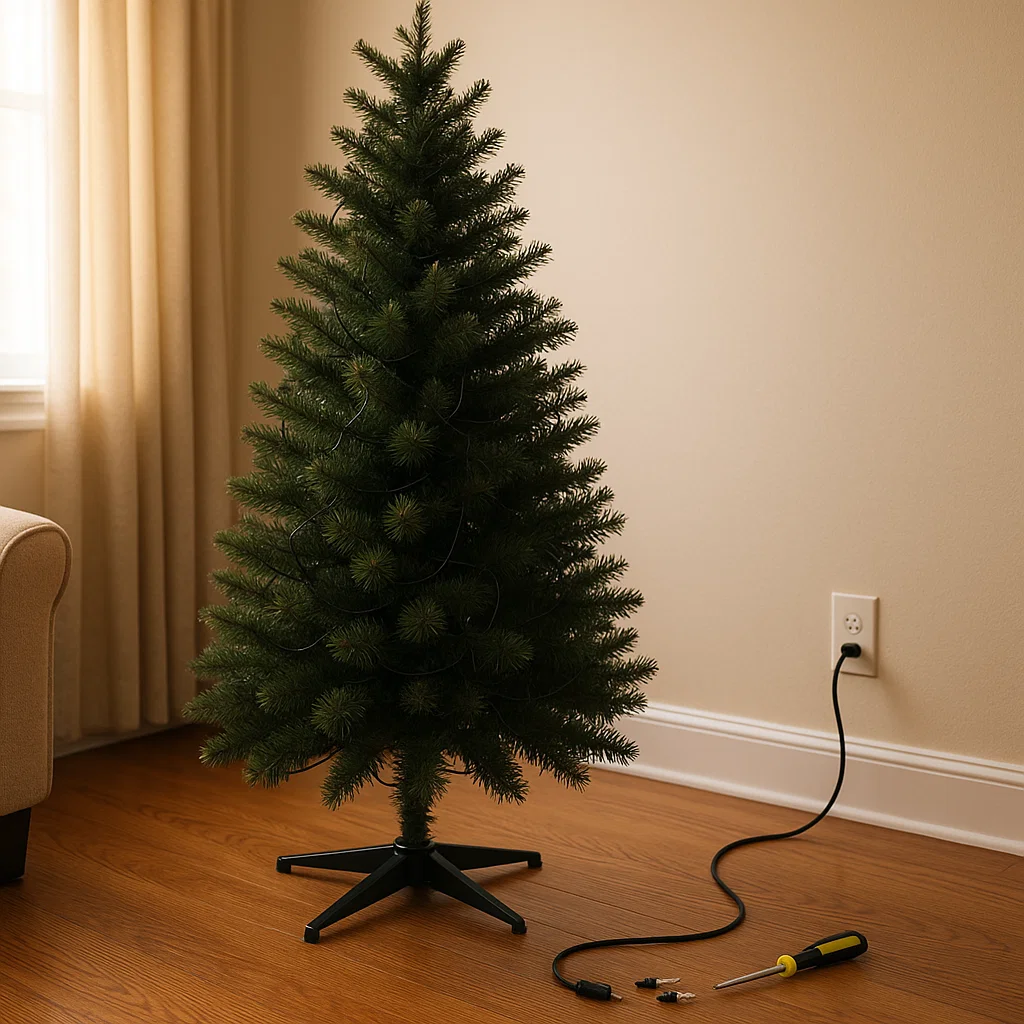 Artificial Christmas tree unplugged from wall socket with repair tools placed nearby.