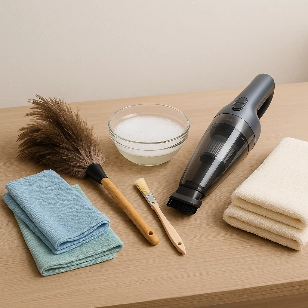 Christmas tree cleaning tools including duster, brushes, microfiber cloths, and handheld vacuum.