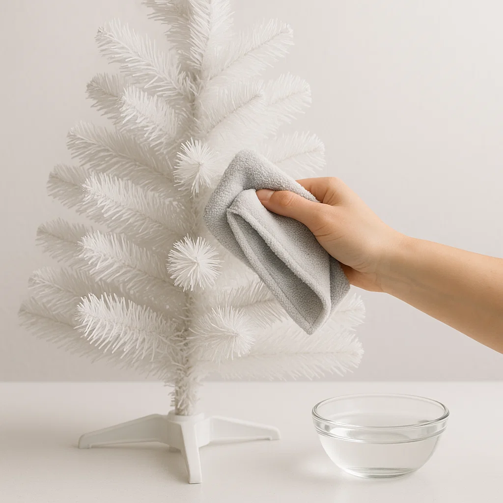 Hand cleaning white artificial Christmas tree branches with soft gray microfiber cloth.